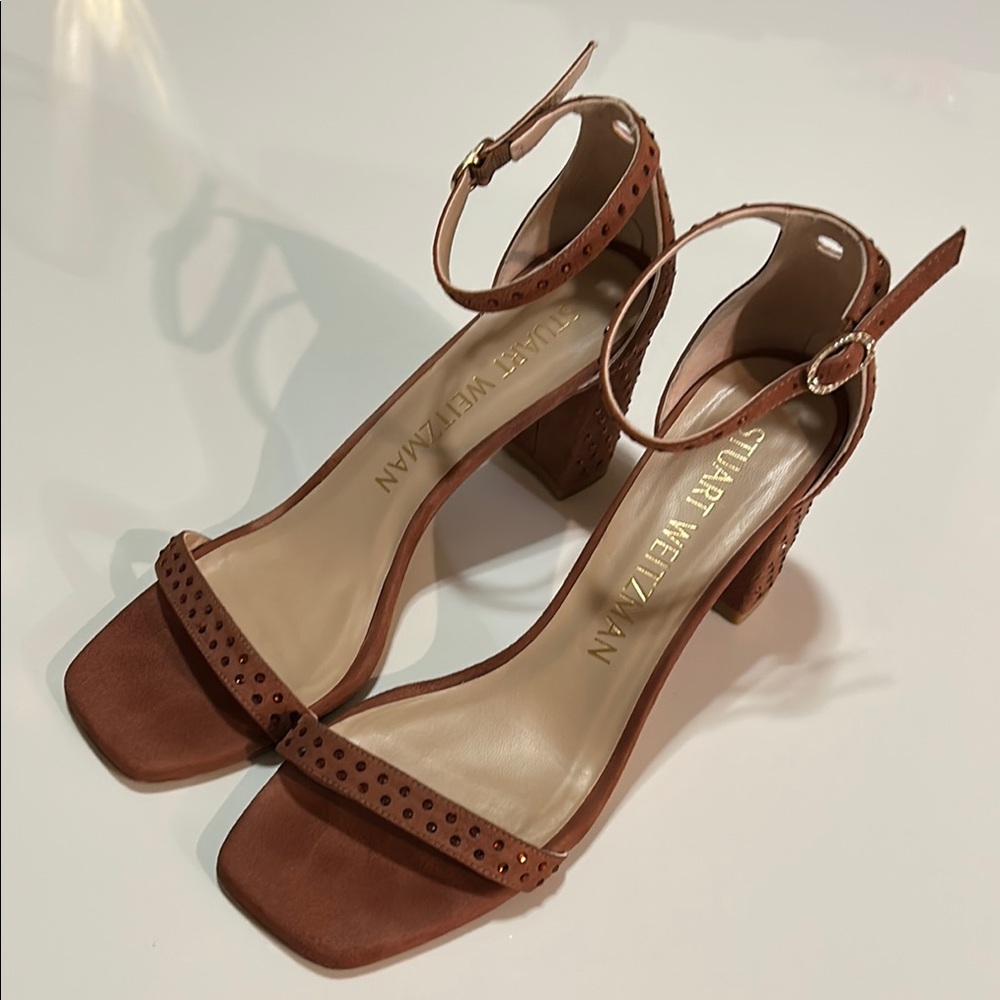 STUART WEITZMAN Studded Suede Sandals Block Heels women’s size 9.5 - Picture 6 of 13